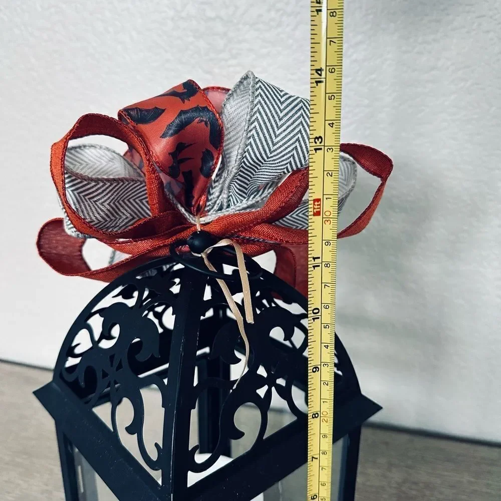 Halloween Bat Ribbon Bow Black Metal Lantern Candle Holder Decor